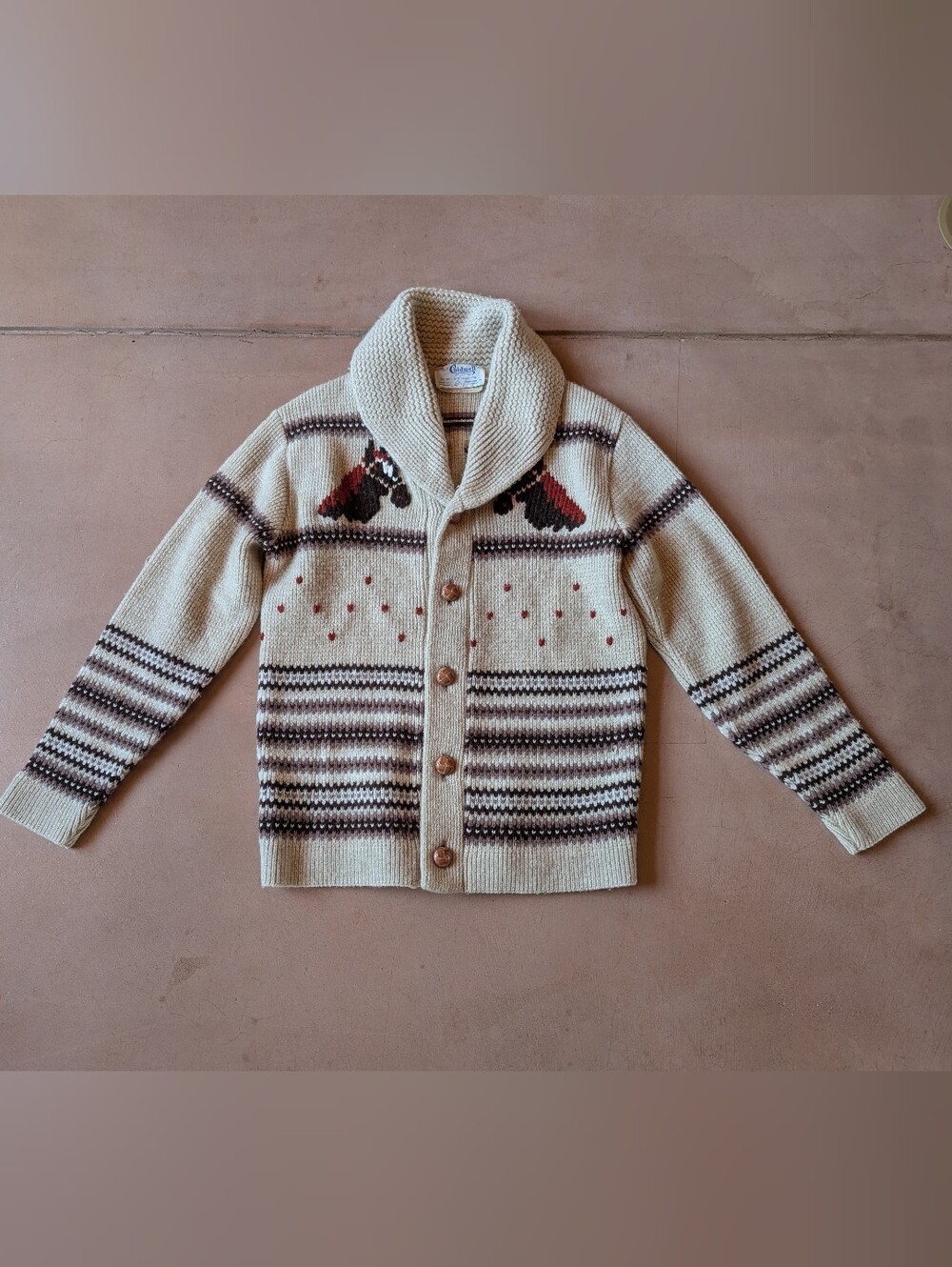 True Vintage 70s Shawl Collar Horse Cardigan Chunky Sweater Fits S / M Western